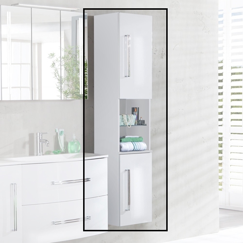 Lugano und Como Hochschrank Korpusfarbe: Weiß Glanz Frontfarbe: Pinie - Anthrazit Optik Anschlag: Rechts