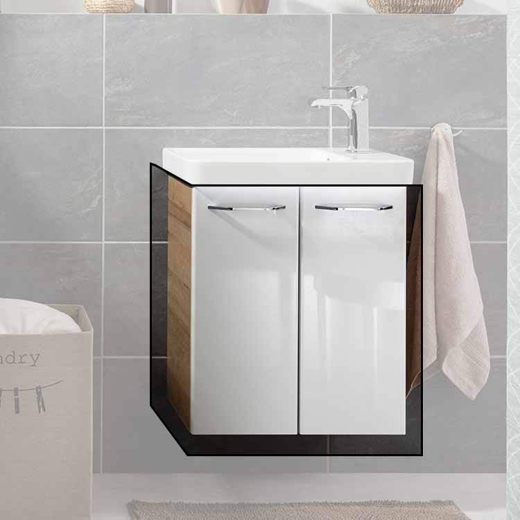 Milano Gäste WC Waschtischunterschrank - Weiß Hochglanz - Ast Eiche
